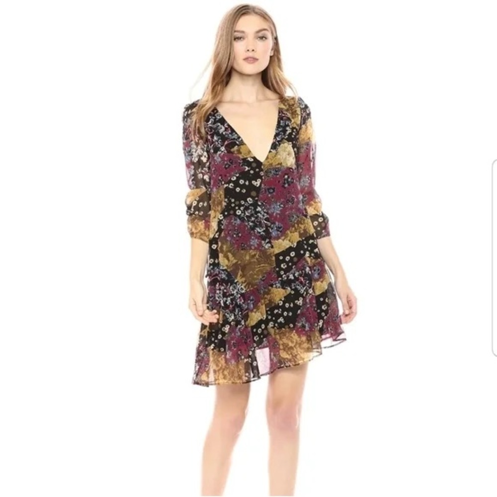 BCBGeneration L Mixed Floral Print 3/4 Sleeve Low Back Ruffle Hem Dress